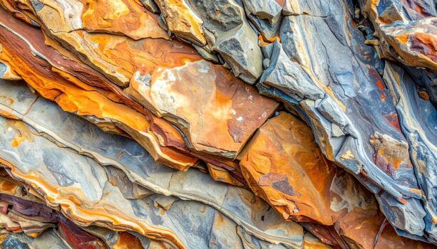 Close up of colorful sedimentary rock layers with orange, brown, grey and white bands creating a natural abstract texture pattern. photo