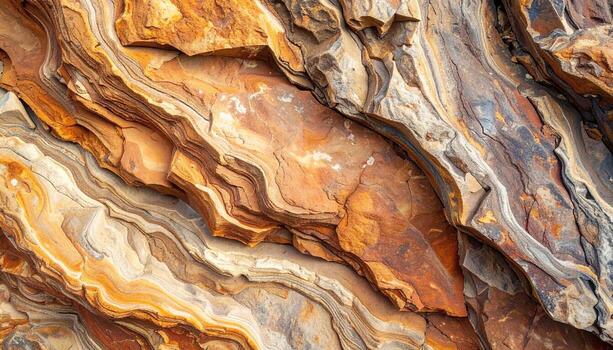 Close up of layered sandstone rock formation reveals beautiful natural textures and colors created over time from geologic processes photo
