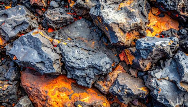 The close-up shot showcases an array of volcanic rocks with metallic hues and traces of intense heat providing an interesting background texture. photo