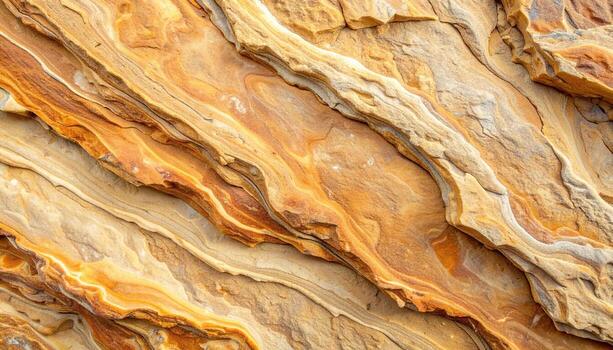 Close up showing layers of textured sandstone rock formations create unique natural patterns in an arid desert environment with gold tones. photo