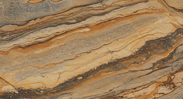 Abstract swirling pattern of tan, brown, and grey bands create a marbled and textured stone surface with distinct geological formations. photo