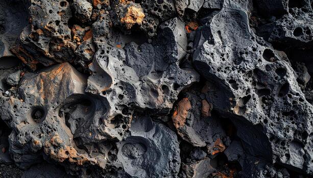 The rough texture of the volcanic rock with numerous small holes creates an interesting abstract pattern with hints of rusty coloration throughout. photo