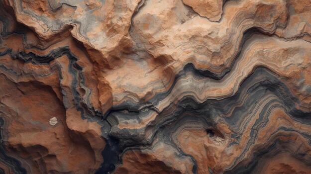 Stunning geological formation reveals layers of sedimentary rock with intricate patterns and textures in warm earthy tones and contrasting shades. photo
