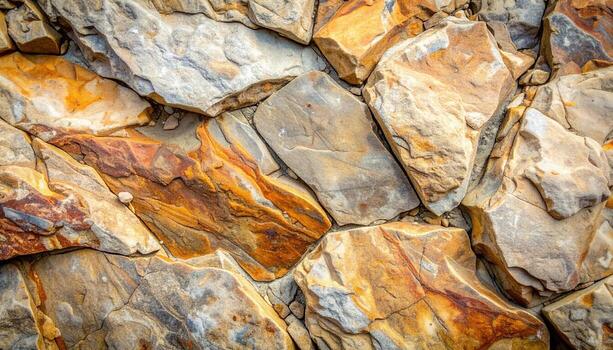 un cerca arriba revela el Rico colores y texturas de naturalmente apilado sedimentario rocas creando un visualmente interesante geológico modelo. foto