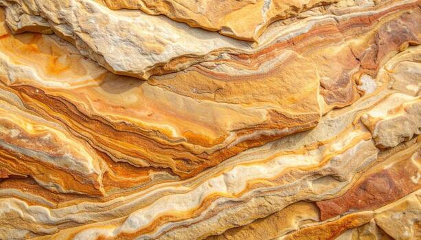 The sunlit layered sandstone formations showcase a beautiful display of natural patterns and warm earthy colors in a close up textured view. photo