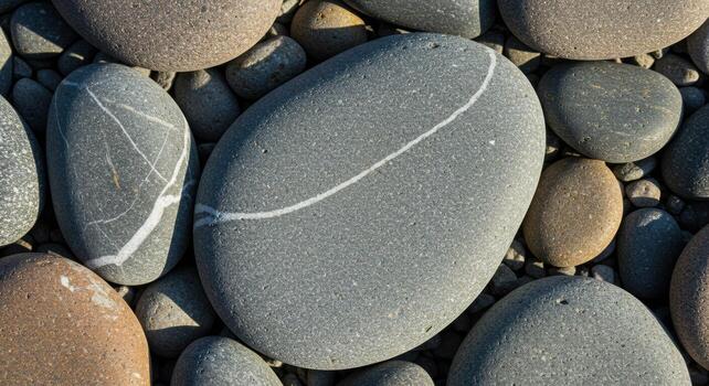 Smooth grey beach stones with distinct white line patterns are scattered together on a sunny day creating a natural mosaic texture outdoors. photo