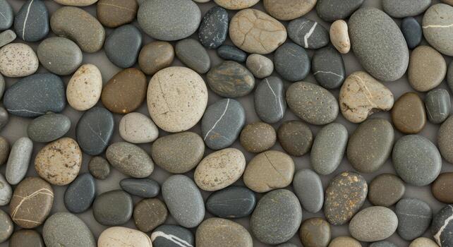 Smooth multi colored pebbles and stones are displayed in a close up overhead shot creating a natural textured pattern and design element. photo