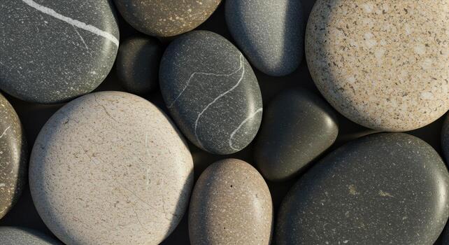 A collection of smooth, rounded beach stones with varying colors and subtle patterns creates a calming and natural textured background. photo