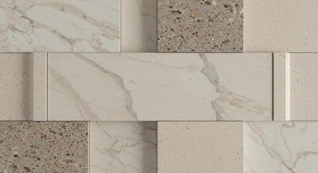 An assortment of stone and concrete tiles create a textural mosaic pattern ideal for backgrounds or architectural rende projects. photo