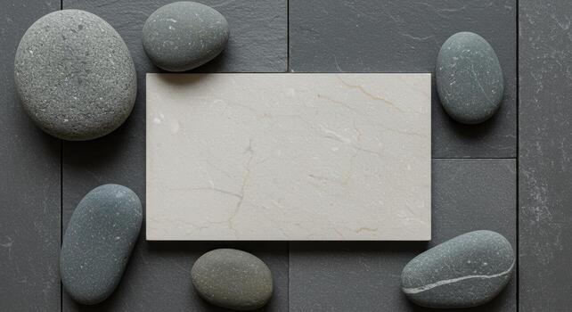 Smooth grey stones create a natural border around a neutral colored ceramic tile sample against a background of dark slate tiles perfectly. photo