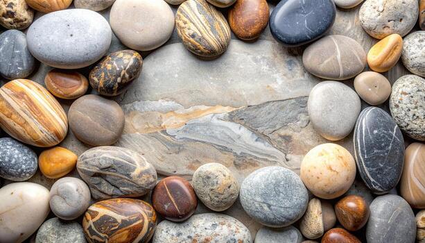 An assortment of smooth, colorful beach stones and pebbles are arranged artistically on a textured rock background creating an organic pattern. photo