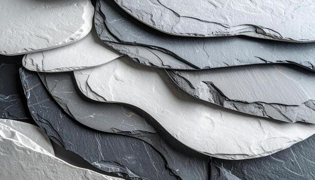 Textured overlapping slate tiles display a gradient of gray shades creating an interesting and versatile architectural material background. photo