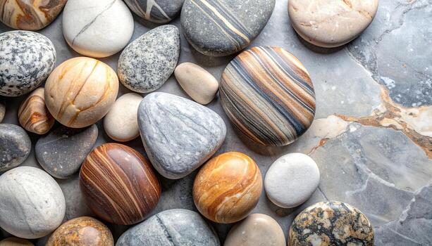 Collection of smooth, rounded stones with varied colors and unique stripe patterns scattered randomly on a mottled gray stone surface. photo