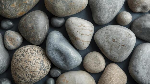 An overhead view shows a collection of smooth, rounded river rocks in various sizes and shades of gray creating a natural pattern background. photo