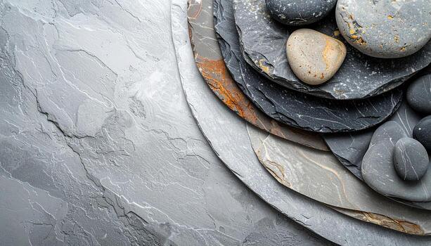 Various stones of different shapes, sizes, and textures are artistically arranged on a layered slate surface, creating natural pattern . photo