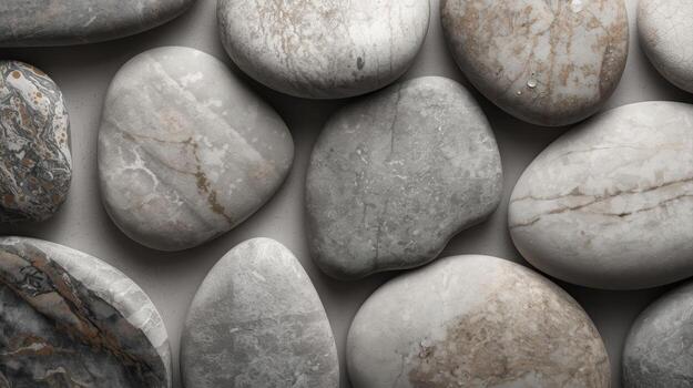 Smooth grey river stones arranged on a flat surface showcase natural variations in texture and color for a peaceful zen background effect. photo