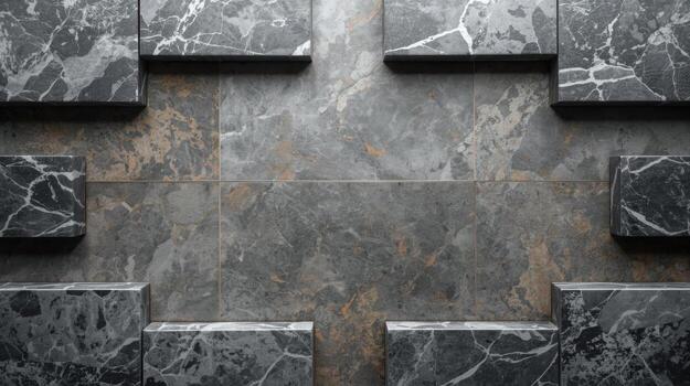 Geometric pattern of marble tiles creates textured design with gray and white veins in architectural wall cladding for modern interior design. photo