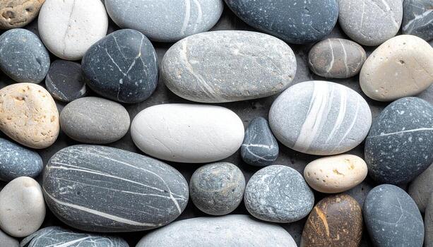 Collection of smooth grey and white beach stones with various patterns and textures creating a soothing natural background image for design projects. photo