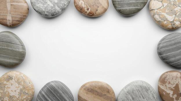 Collection of smooth stones forming a border around a central white space creates a natural and inviting frame for creative designs. photo