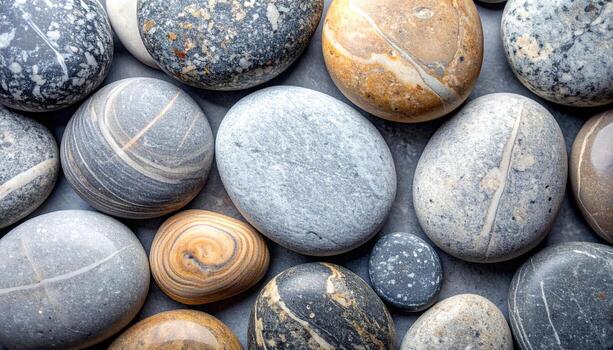 A diverse collection of smooth, round stones in various shades of gray and brown creates a calming and natural background texture. photo