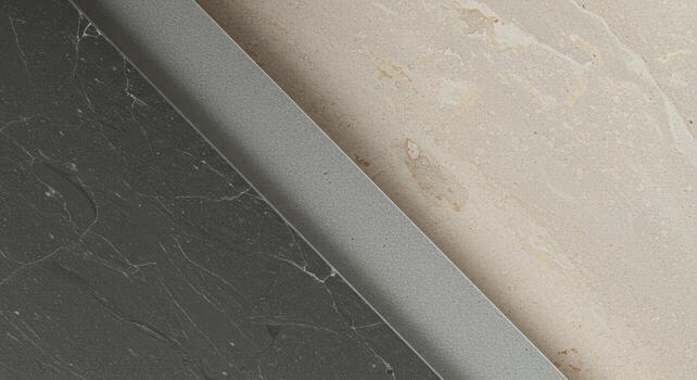 Close up shot showing a combination of dark gray marble and light beige travertine stones with gray divider used for design applications. photo