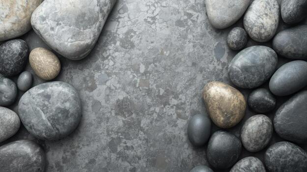 An assortment of smooth, rounded grey and brown stones are arranged artistically on a textured slate surface creating a calming backdrop. photo