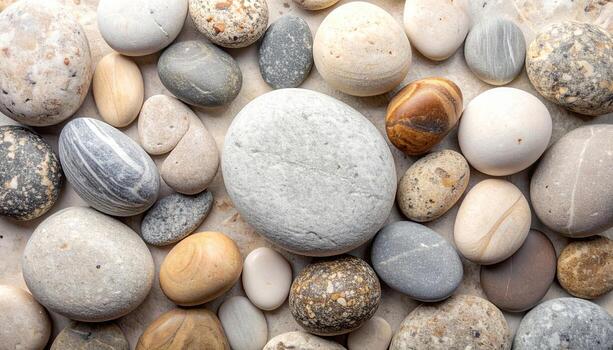 A collection of smooth, rounded pebbles in varied neutral tones and textures creates an organic and visually appealing natural pattern backdrop. photo