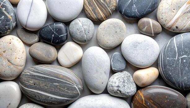 Close-up of many smooth, rounded pebbles and stones of various colors, sizes, and textures arranged on a flat surface to form a pleasing pattern. photo