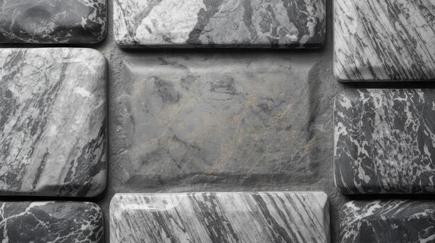 A close-up shot showcases a pattern of gray and white marble tiles, creating a textured surface perfect for backgrounds and designs. photo