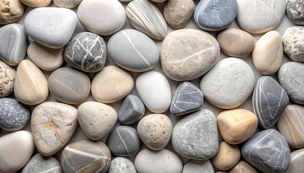 An overhead close-up view showcases a collection of smooth, rounded beach pebbles in various shades of gray and white arranged randomly. photo