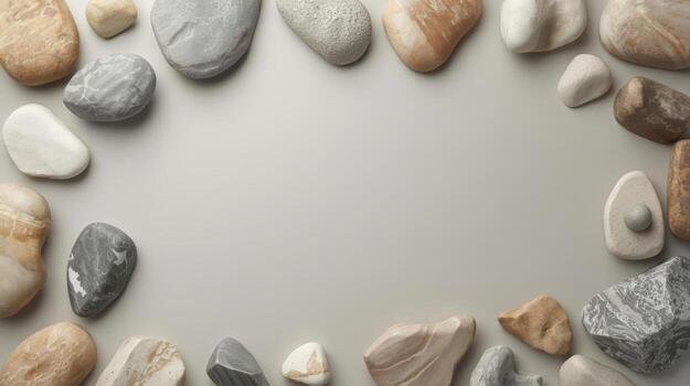 Composition of smooth natural beach stones forming a frame on a muted neutral background creating a calming and zen-like minimalistic design. photo