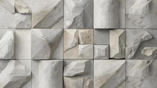 Close up shows architectural cladding with various geometric raised textured shapes in light gray stone for decorative wall design elements. photo