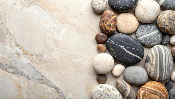 An arrangement of smooth, rounded stones of various colors and patterns creates a natural and textured surface on marble background. photo