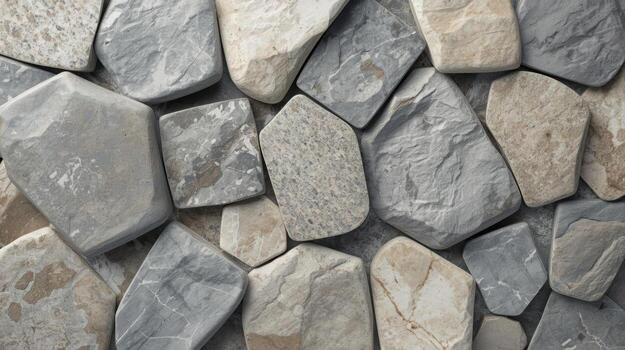 Overhead view showcases a variety of randomly arranged light and dark colored stones creating an earthy textured surface for backgrounds. photo