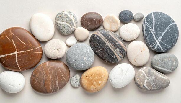 colección de suave vistoso playa piedras mostrando único patrones y texturas arreglado pulcramente en un plano ligero superficie para un zen acuerdo. foto