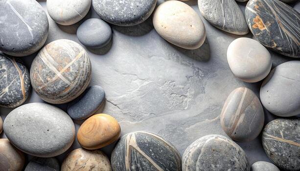 Smooth grey river rocks are arranged on a textured slate surface creating a natural, calming background with space for text and design use. photo