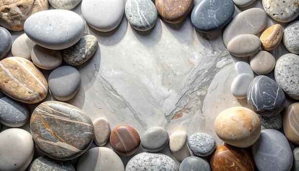 Circular arrangement of smooth beach pebbles with diverse shapes and colors creating a natural frame on a textured stone background surface. photo