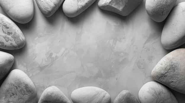 Smooth grey stones are arranged in a border around a textured grey surface creating a minimal, natural, and calming composition. photo