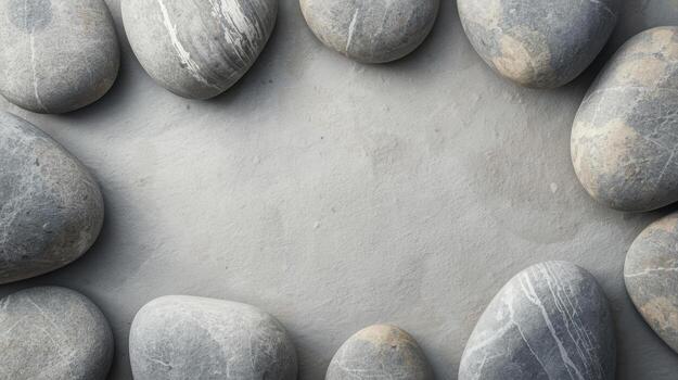 Group of smooth gray stones arranged in a frame on a textured gray surface creates a peaceful and natural composition for contemplation. photo