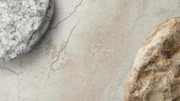 Two weathered stones, one gray with cracks and one tan with rough texture, rest on a textured beige concrete surface creating neutral aesthetic. photo