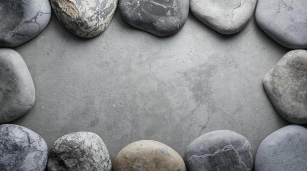 A textured gray background is beautifully framed with smooth gray stones, perfect for showcasing text or product photography projects. photo