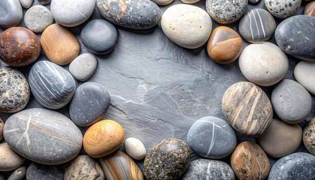 An arrangement of smooth, rounded beach stones in varying shades of gray and brown creates a natural border on a textured slate background. photo