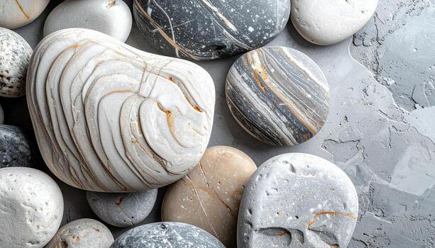 A collection of smooth, naturally patterned stones are arranged on a textured gray surface, creating a calm and aesthetically pleasing design. photo