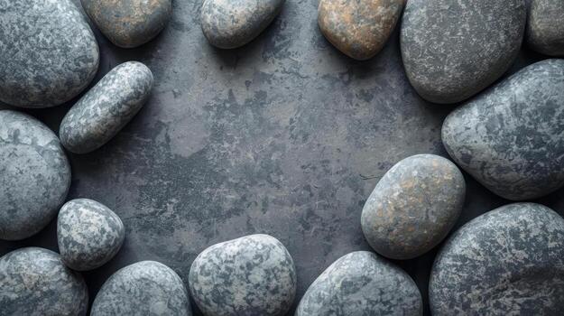 Smooth gray stones are arranged around a textured grey background creating a peaceful and natural frame with copy space in the center. photo