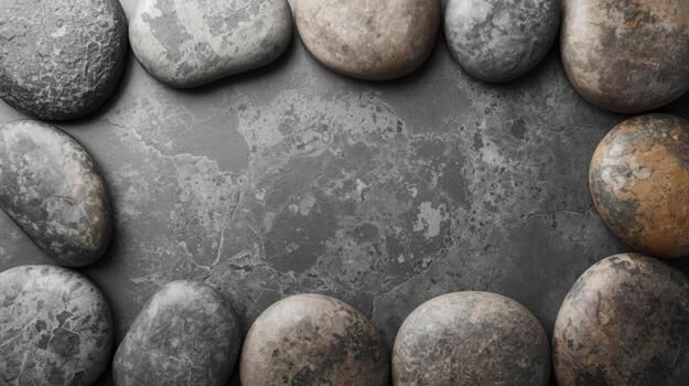 Collection of smooth gray and brown stones arranged around a textured gray background, forming a natural frame for text or product placement. photo