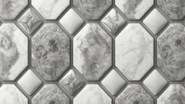 A detailed close up of a geometric pattern featu gray and white marble and solid white tiles creating an elegant surface texture. photo