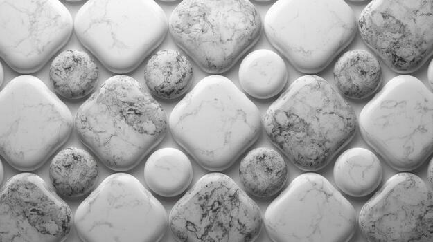 Gray and white marble texture tiles create a clean, geometric pattern with spherical and rounded square shapes in an elegant, seamless design. photo