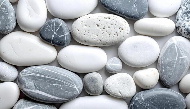 A beautiful collection of smooth white and gray pebbles arranged closely together create a soothing and natural stone background pattern. photo