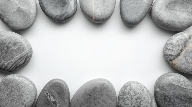 Smooth gray stones are arranged around a bright white space, creating a natural frame with a sense of calm and minimalist beauty. photo