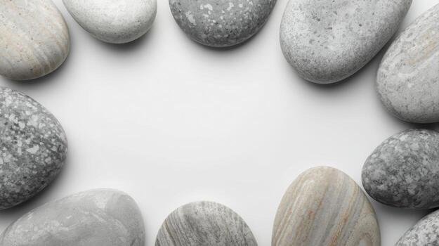 Smooth grey pebbles are arranged in a circular border pattern around a blank white space, creating a natural and calming minimalist design. photo